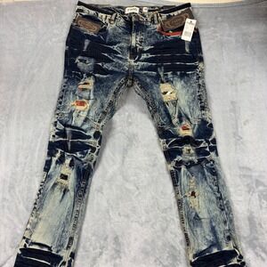 FWRD Denim Mens 38x32 Slim Fit Acid Wash Distressed Moto Jean Plaid Underlay NEW